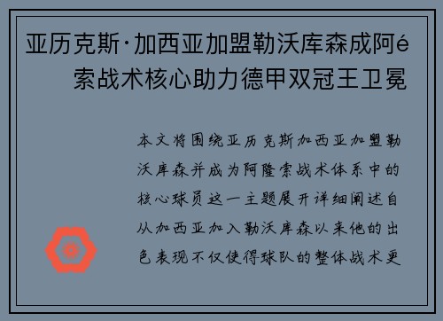 亚历克斯·加西亚加盟勒沃库森成阿隆索战术核心助力德甲双冠王卫冕 亚历克斯·加西亚加盟勒沃库森成阿隆索战术核心助力德甲双冠王卫冕