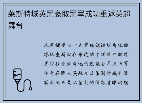 莱斯特城英冠豪取冠军成功重返英超舞台 莱斯特城英冠豪取冠军成功重返英超舞台